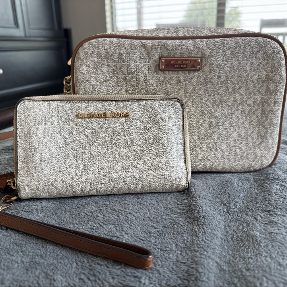 Michael Kors Cream and Brown Cosmetic Bags- Purse and wallet
